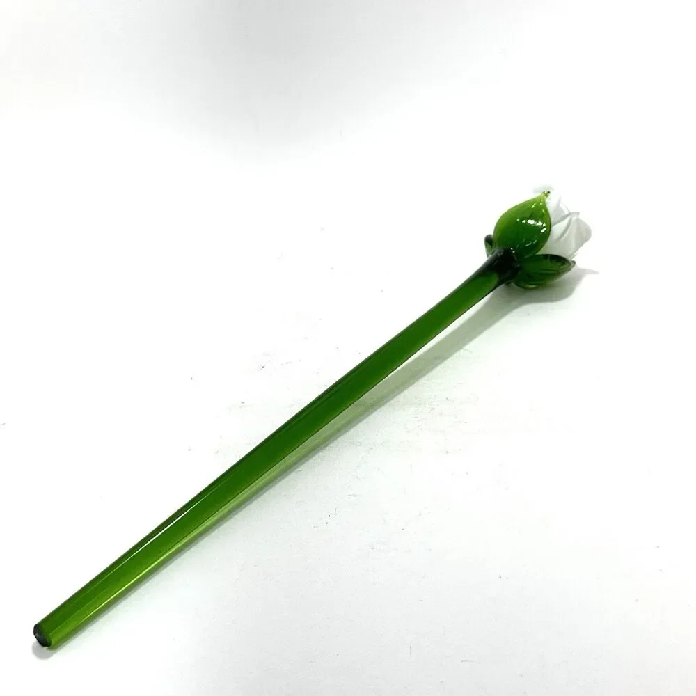 Hand Blown Glass White Rosebud 12” – Long Stem Collectible Figurine